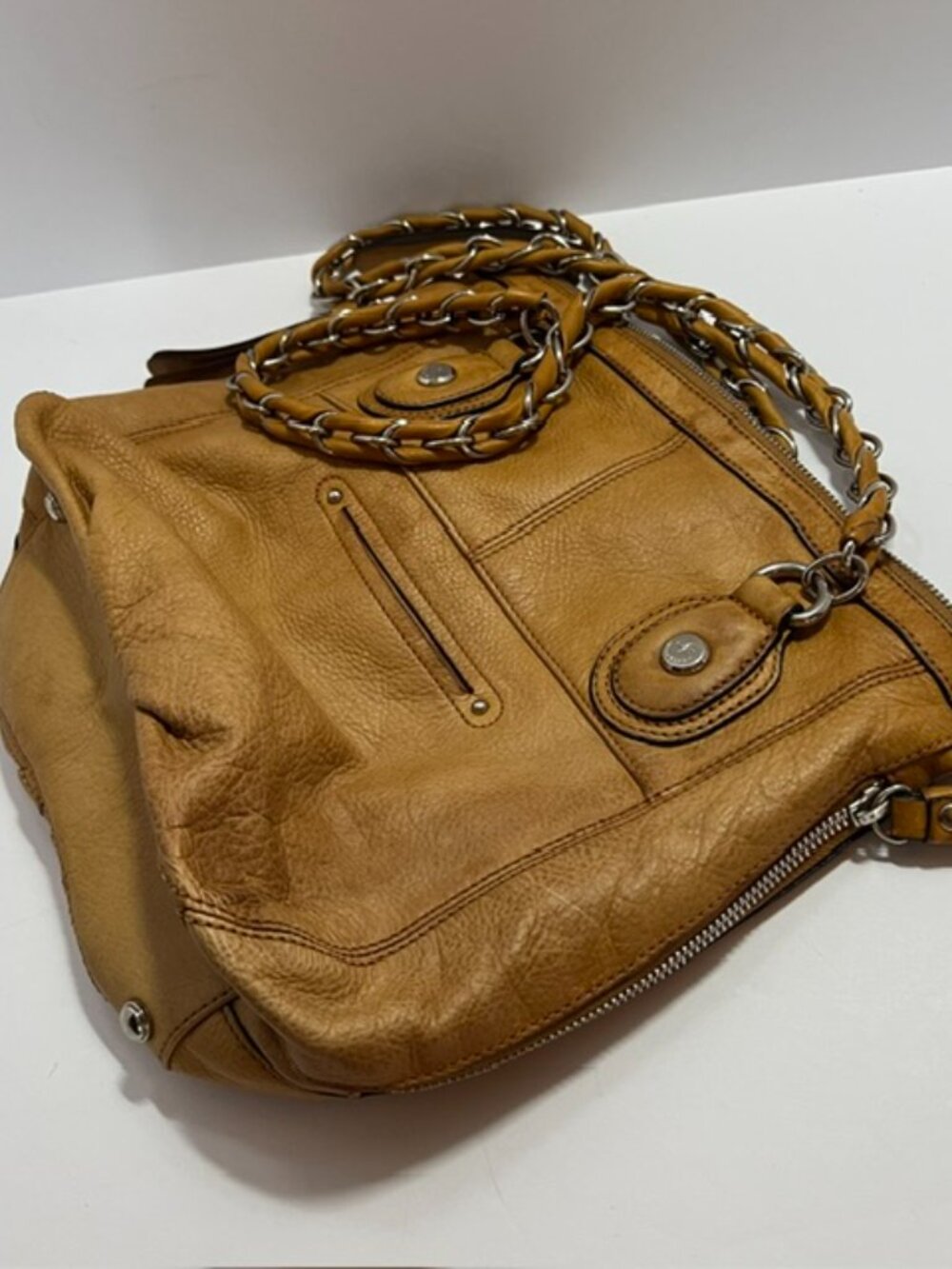 B. Makowsky Leather Hobo Shoulder Bag Chain Strap Multi Zip Pockets Camel w/CoA - Picture 14 of 16